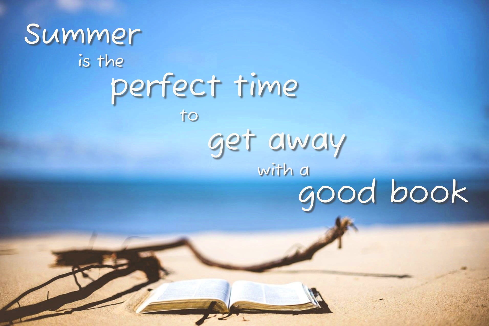 An open book lies on the sand in front of a small twisted branch, with the ocean and sky in the distance